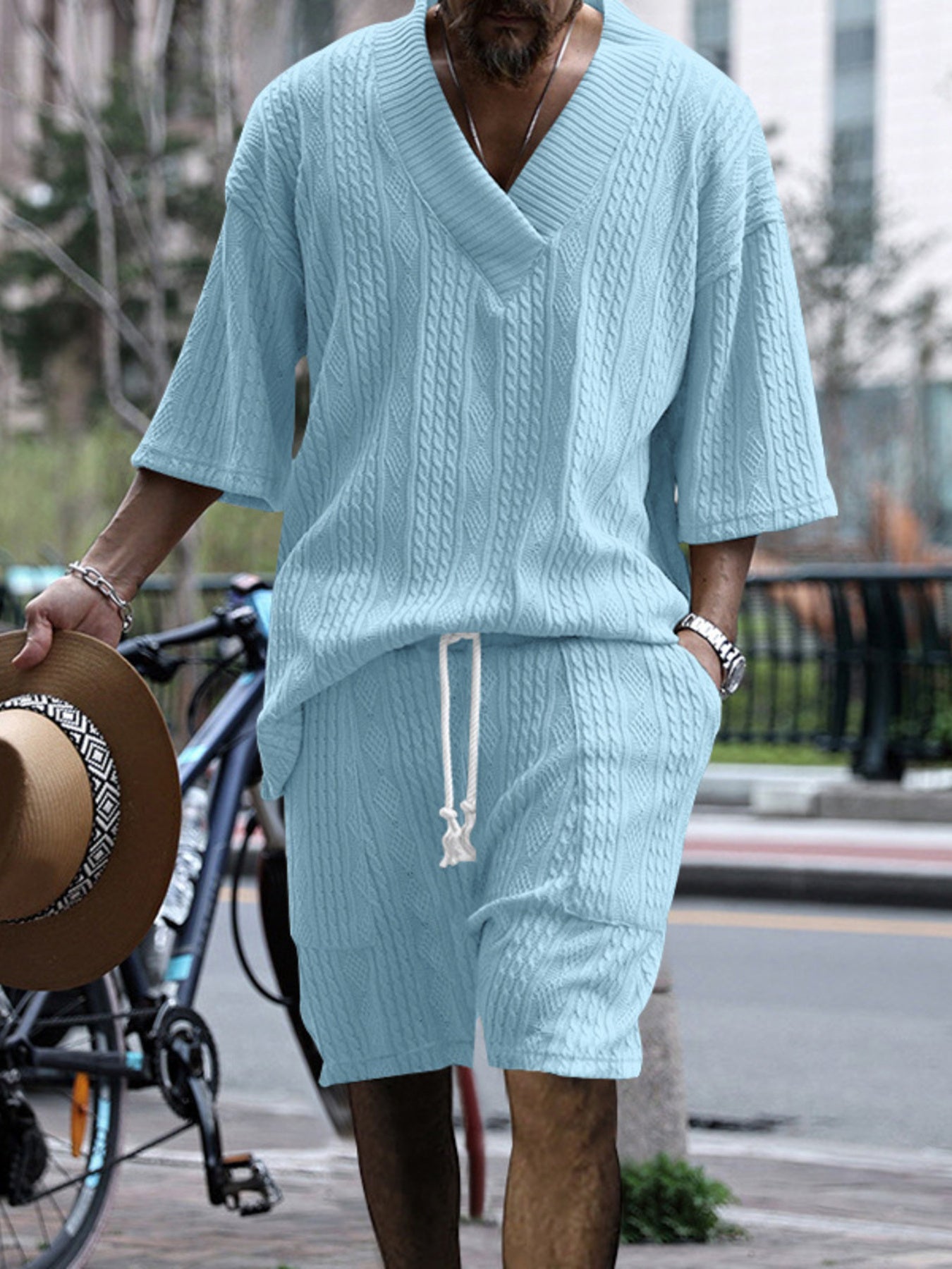 Men's Full Size Casual Knit V-Neck Short Sleeve Top and Shorts Set Plus Size from Armoire Gemzis