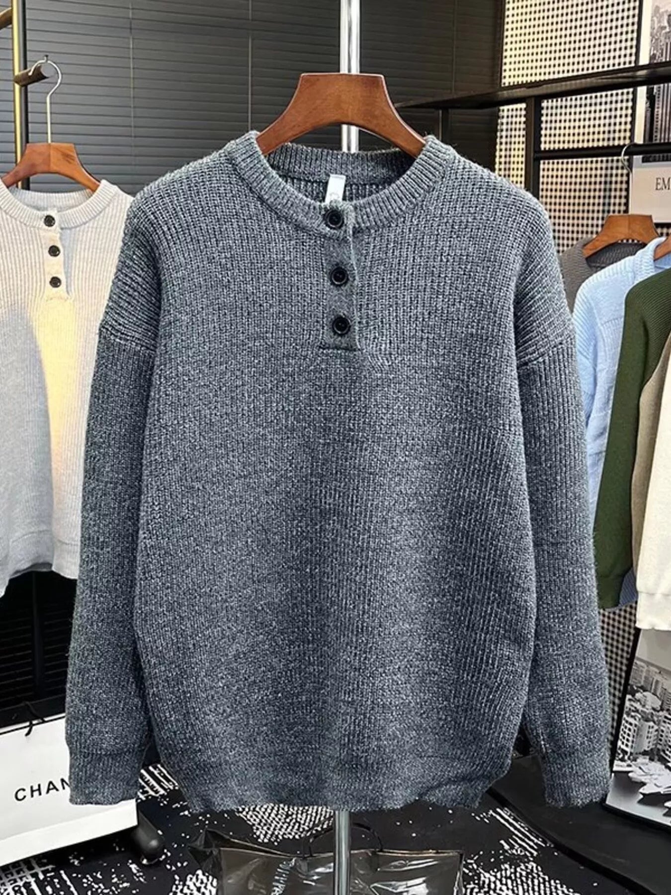 Men's Plus Size Button Detail Dropped Shoulder Sweater from Armoire Gemzis