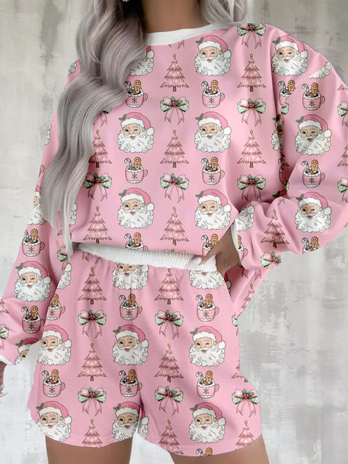 Christmas Santa Print Round Neck Top and Shorts Lounge Set from Armoire Gemzis
