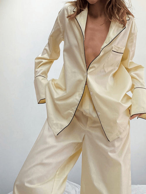 Contrast Trim Button Up Top and Pants Lounge Set from Armoire Gemzis