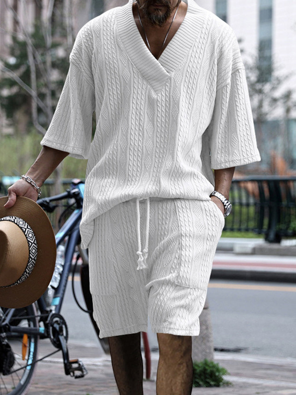 Men's Full Size Casual Knit V-Neck Short Sleeve Top and Shorts Set Plus Size from Armoire Gemzis
