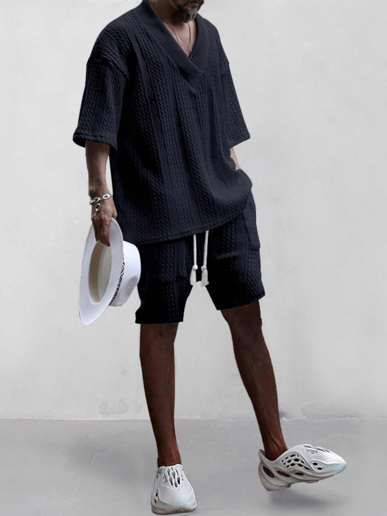 Men's Full Size Casual Knit V-Neck Short Sleeve Top and Shorts Set Plus Size from Armoire Gemzis