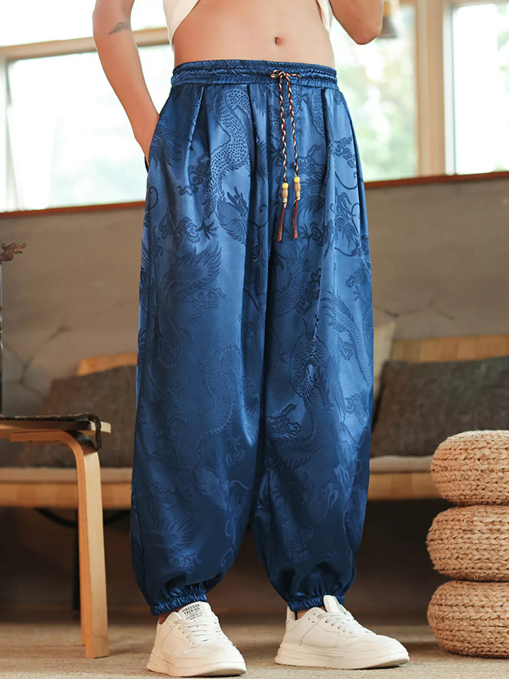 Men's Plus Size Dragon Pattern Silk Harem Pants from Armoire Gemzis