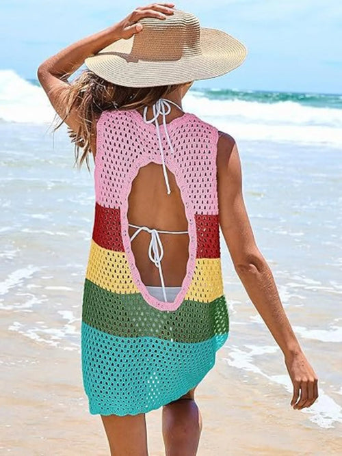 Color Block Openwork Sleeveless Cutout Back Cover-Up from Armoire Gemzis