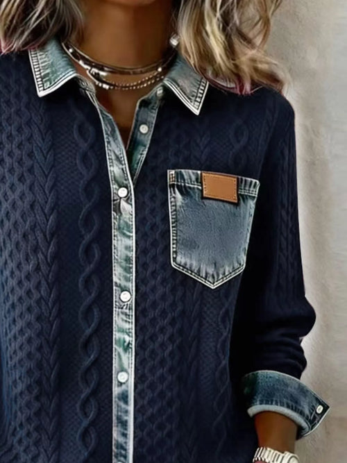Denim Trim Cable Knit Cardigan from Armoire Gemzis