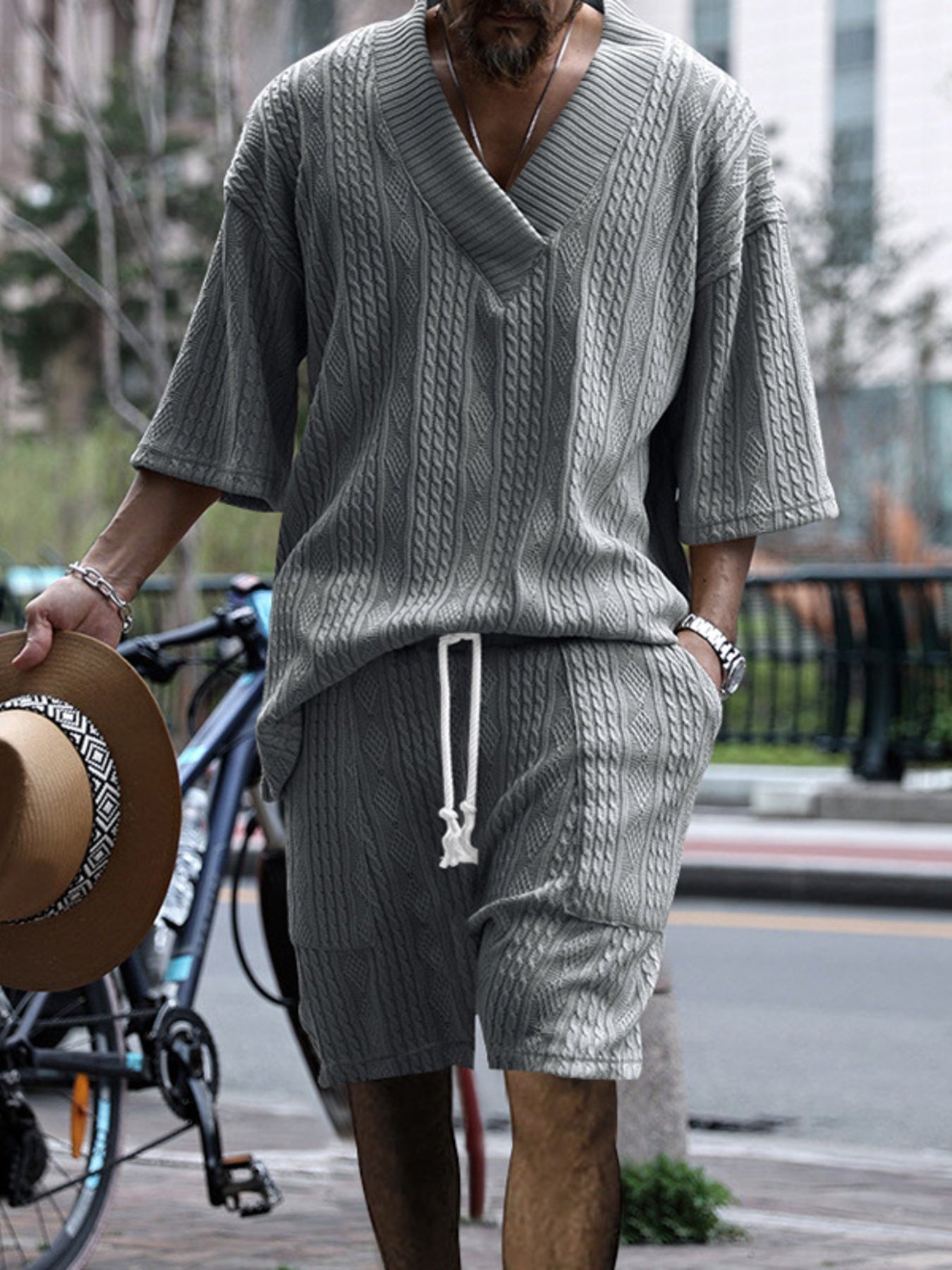 Men's Full Size Casual Knit V-Neck Short Sleeve Top and Shorts Set Plus Size from Armoire Gemzis