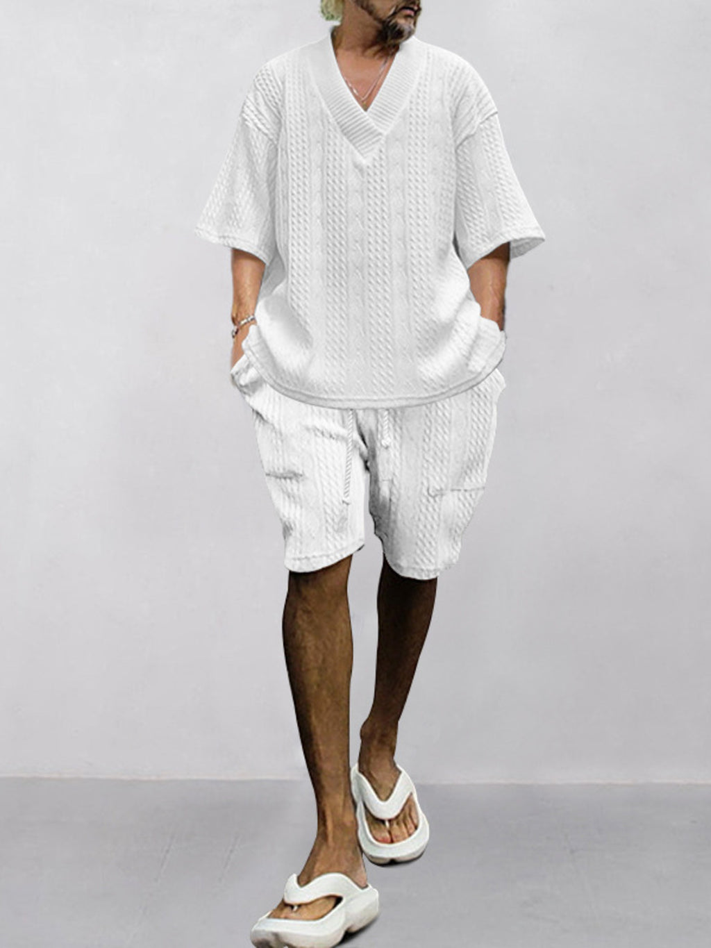 Men's Full Size Casual Knit V-Neck Short Sleeve Top and Shorts Set Plus Size from Armoire Gemzis