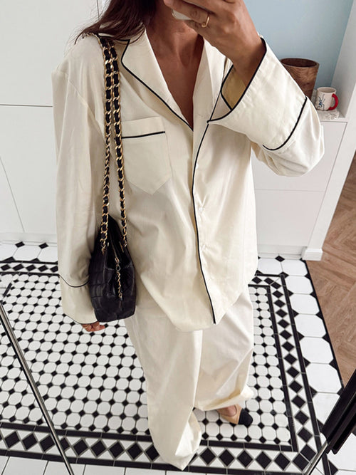Contrast Trim Button Up Top and Pants Lounge Set from Armoire Gemzis