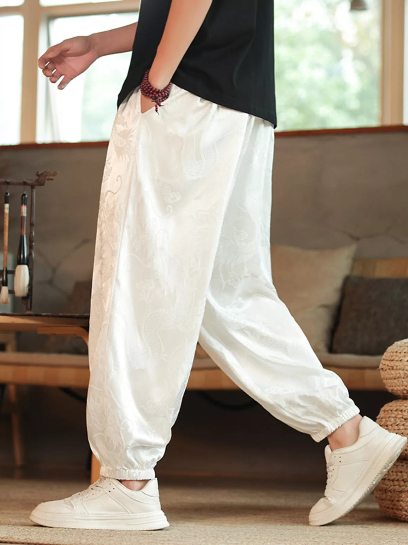 Men's Plus Size Dragon Pattern Silk Harem Pants from Armoire Gemzis