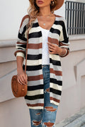 Full Size Striped long open-front cardigan in black, cream, and rust with openwork knit and dropped shoulders.