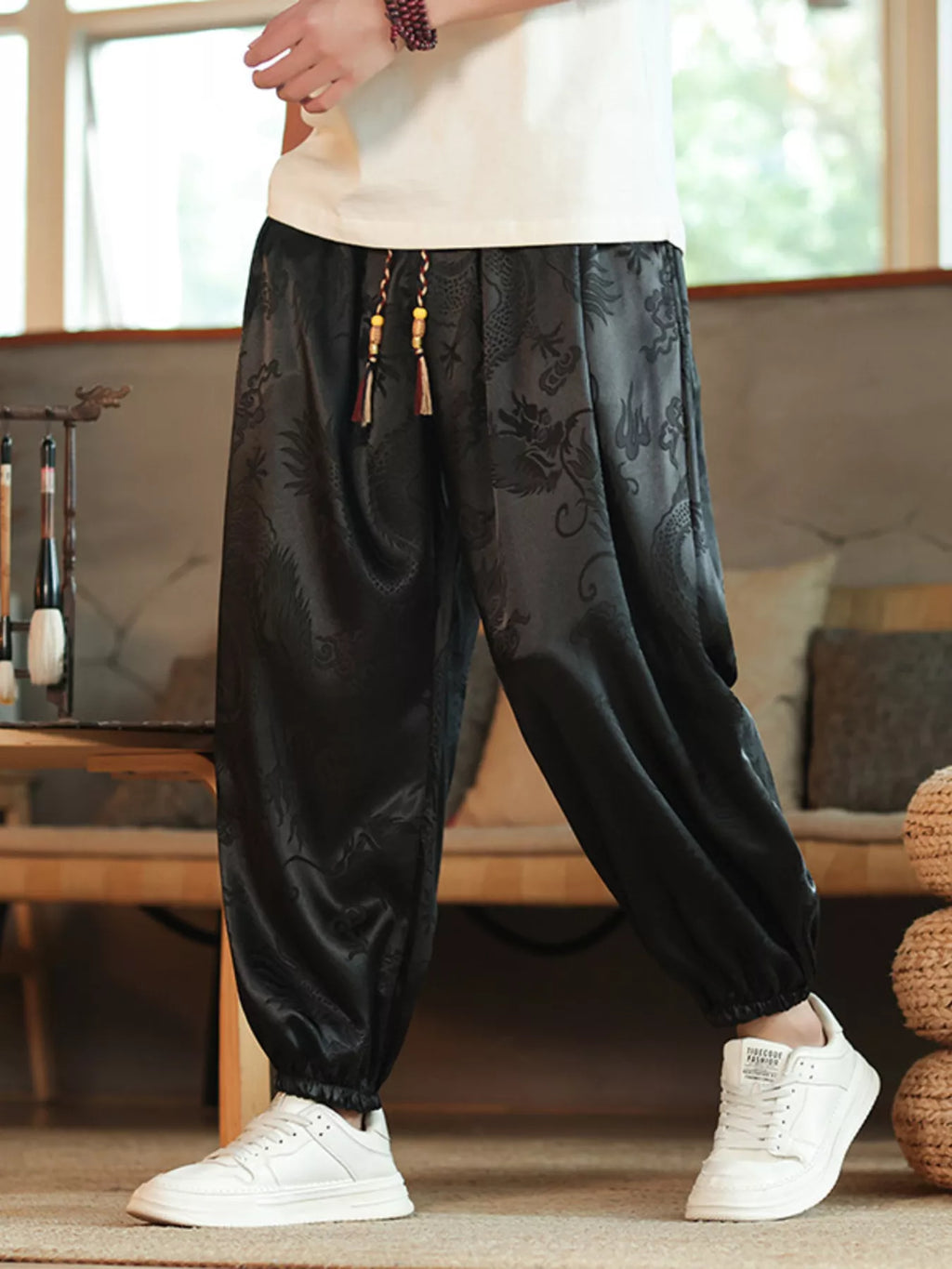 Men's Plus Size Dragon Pattern Silk Harem Pants from Armoire Gemzis