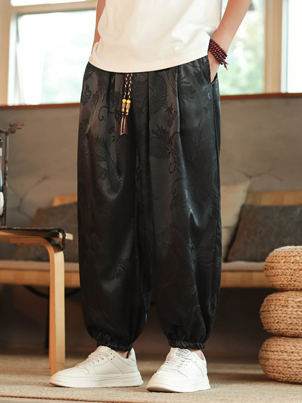 Men's Plus Size Dragon Pattern Silk Harem Pants from Armoire Gemzis