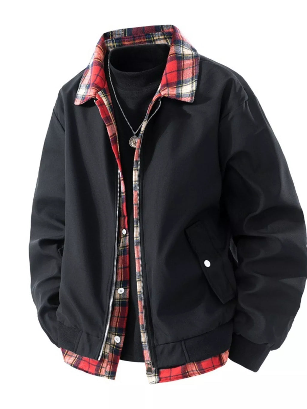 Men's Plus Size Plaid Trim Long Sleeve Jacket from Armoire Gemzis