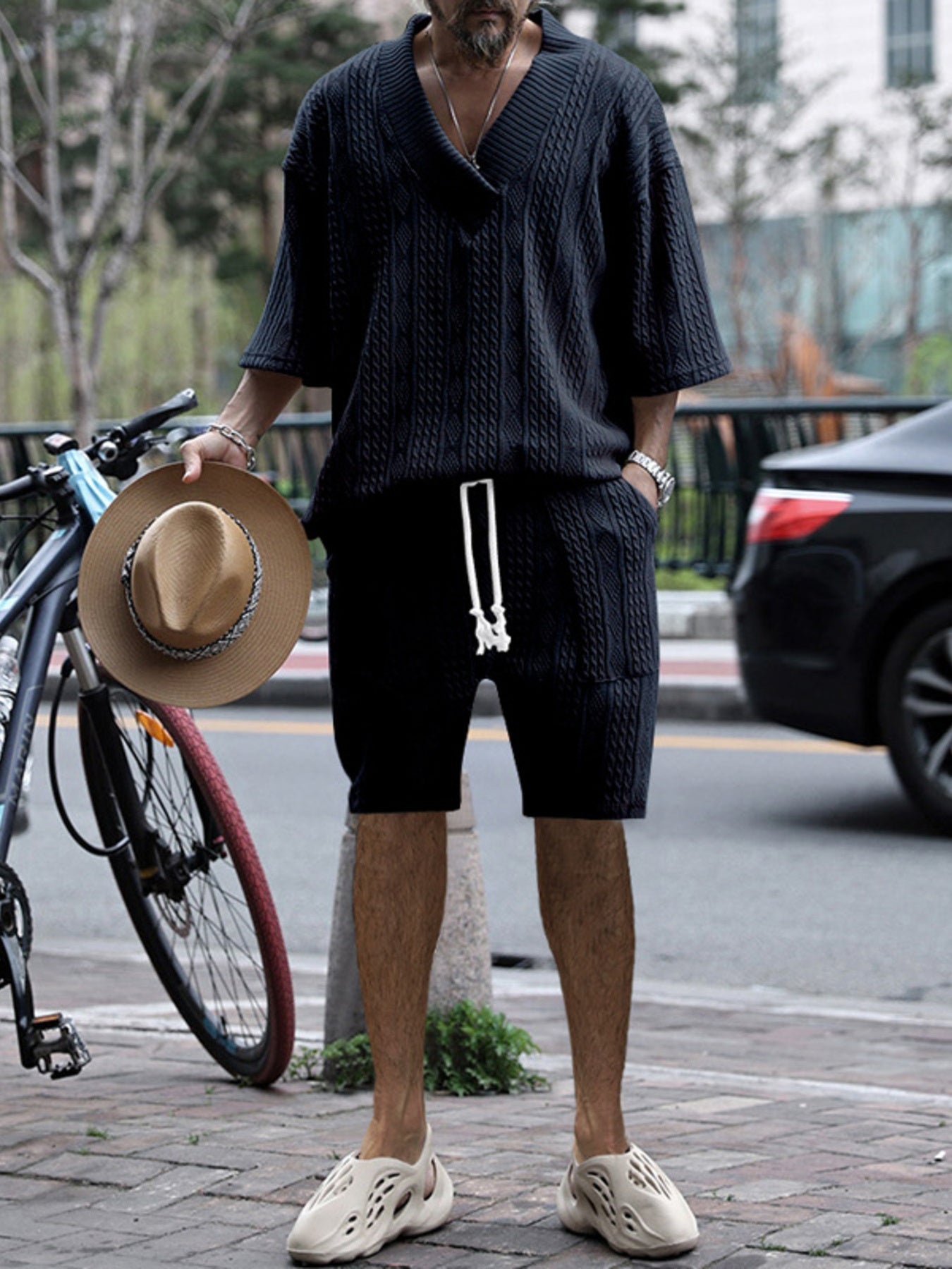 Men's Full Size Casual Knit V-Neck Short Sleeve Top and Shorts Set Plus Size from Armoire Gemzis