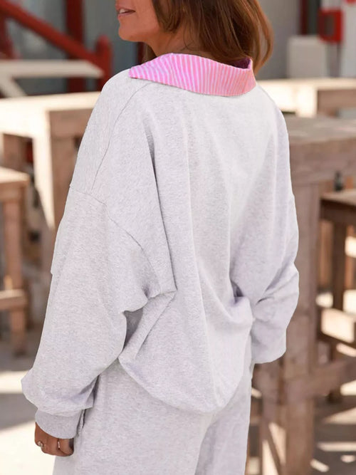 Contrasted Trim Frilled Collar Drop Shoulder Top and Drawstring Pant Set from Armoire Gemzis