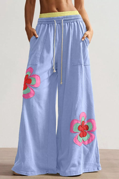 Color Block Flower Patchwork Drawstring Contrasted Elastic Waist Wide Leg Pants from Armoire Gemzis
