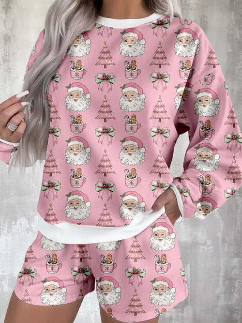 Christmas Santa Print Round Neck Top and Shorts Lounge Set from Armoire Gemzis
