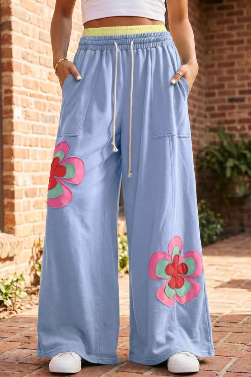 Color Block Flower Patchwork Drawstring Contrasted Elastic Waist Wide Leg Pants from Armoire Gemzis