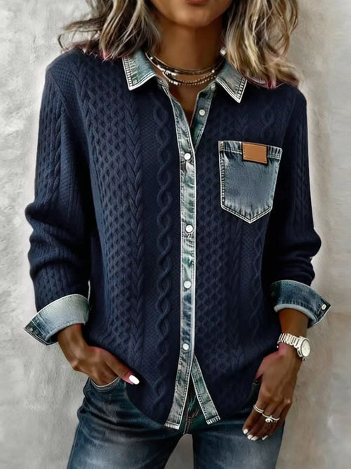 Denim Trim Cable Knit Cardigan from Armoire Gemzis
