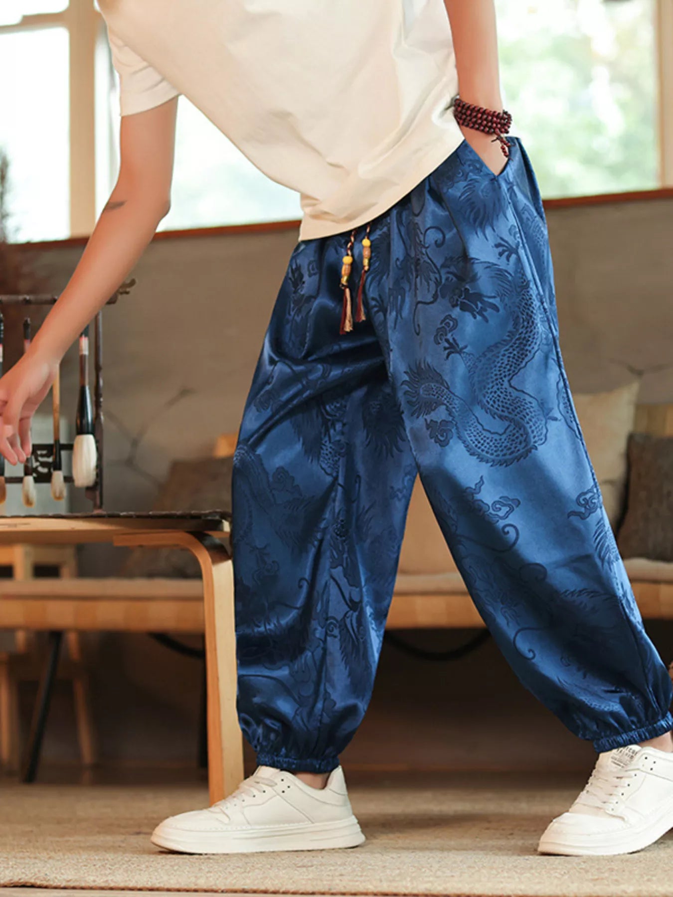 Men's Plus Size Dragon Pattern Silk Harem Pants from Armoire Gemzis