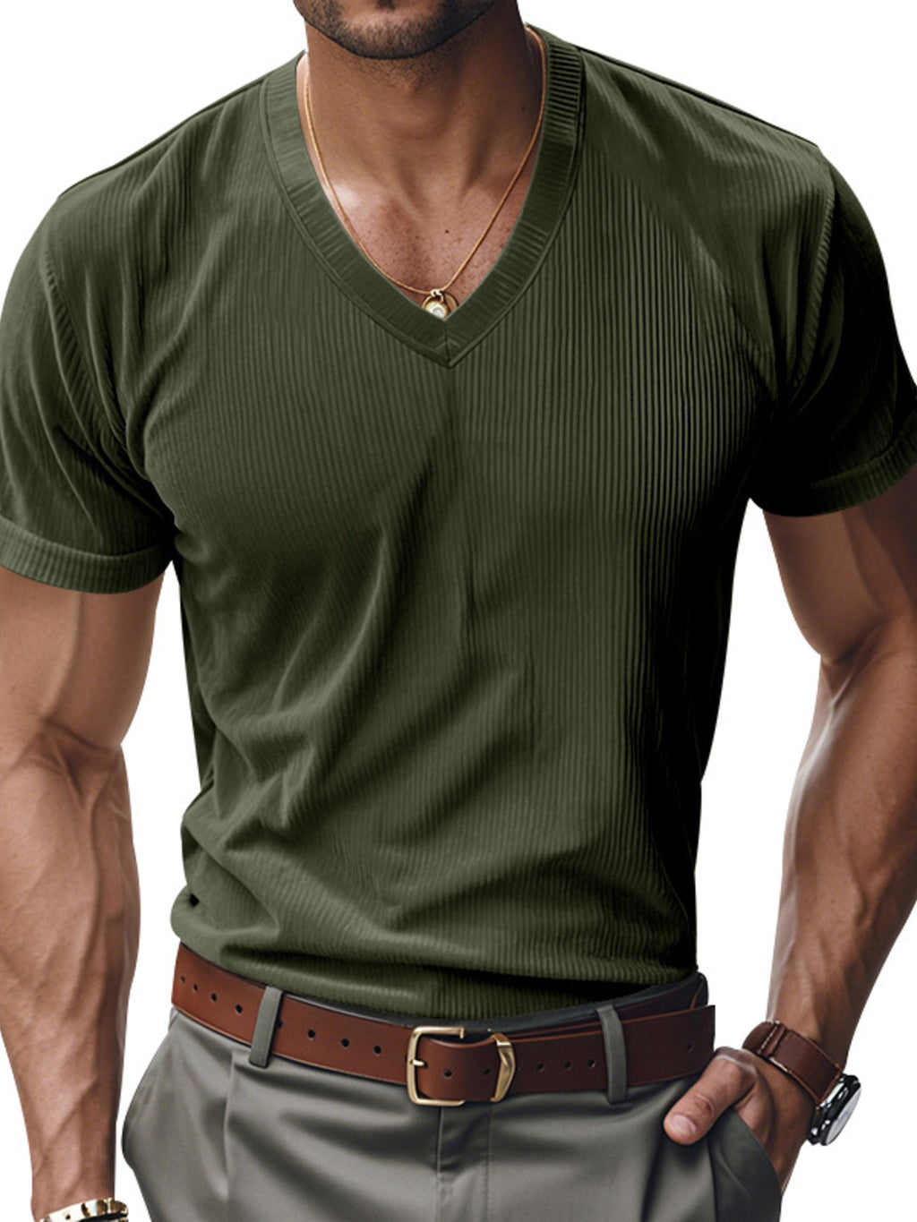Men's Full Size Ribbed V-Neck T-Shirt Plus Size from Armoire Gemzis